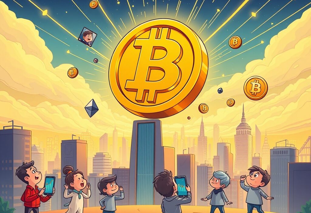 A cartoon Bitcoin symbol dramatically rising above $118,000, illustrating the significant Bitcoin price surge and market excitement.