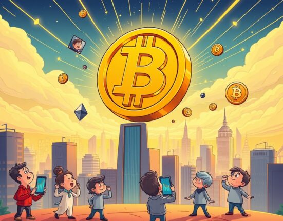 A cartoon Bitcoin symbol dramatically rising above $118,000, illustrating the significant Bitcoin price surge and market excitement.