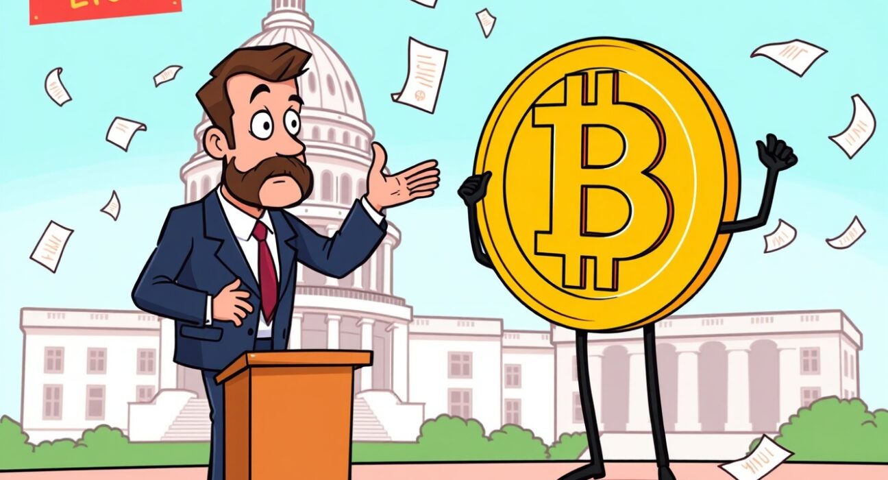Cartoon trader explains minimal Bitcoin price impact from new US crypto regulation bill.