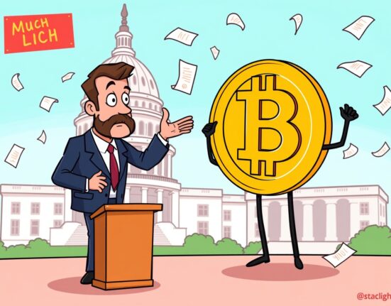 Cartoon trader explains minimal Bitcoin price impact from new US crypto regulation bill.