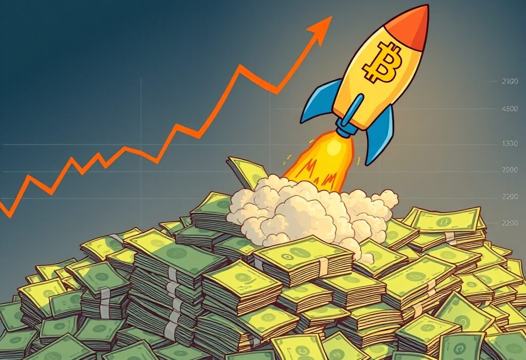 A cartoon illustration showing rising US debt fueling a significant Bitcoin price increase.