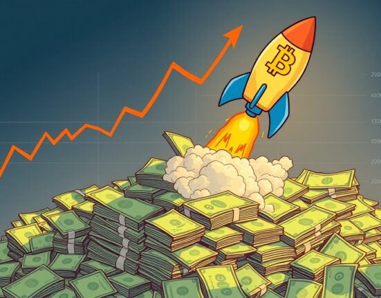 A cartoon illustration showing rising US debt fueling a significant Bitcoin price increase.