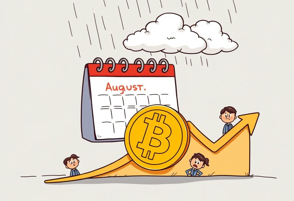A cartoon illustration showing the Bitcoin price potentially declining, reflecting concerns about seasonal weakness and market trends.