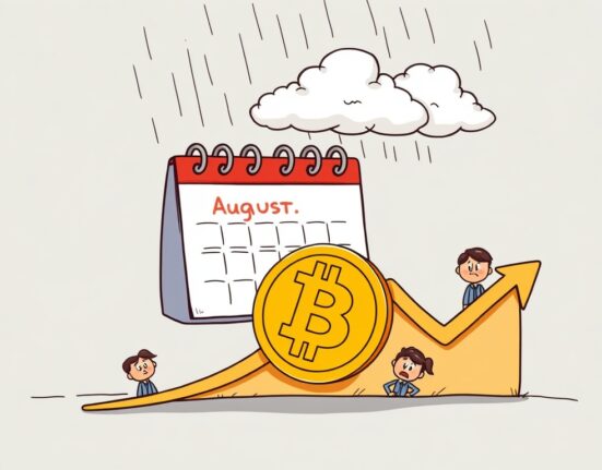 A cartoon illustration showing the Bitcoin price potentially declining, reflecting concerns about seasonal weakness and market trends.