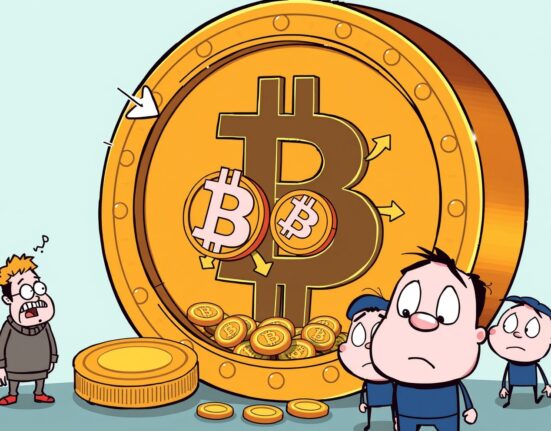 Bitcoin price weakness illustrated by coins escaping from inside a large Bitcoin