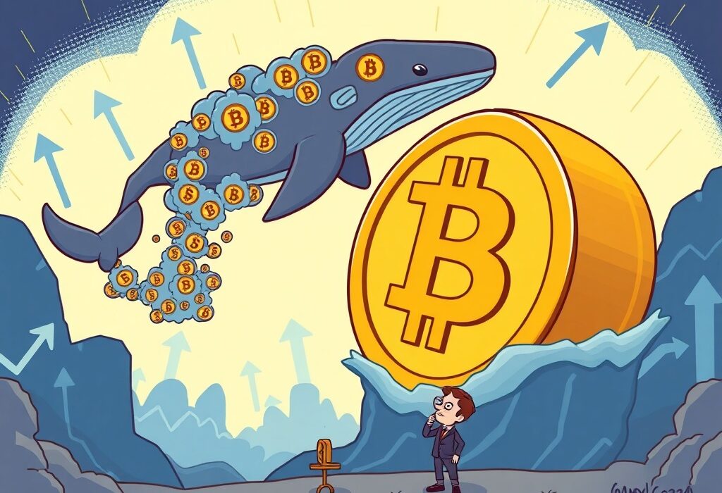 Cartoon illustration showing **Bitcoin price** facing selling pressure from two large whales, hindering its path to $150K.