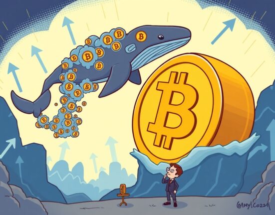 Cartoon illustration showing **Bitcoin price** facing selling pressure from two large whales, hindering its path to $150K.