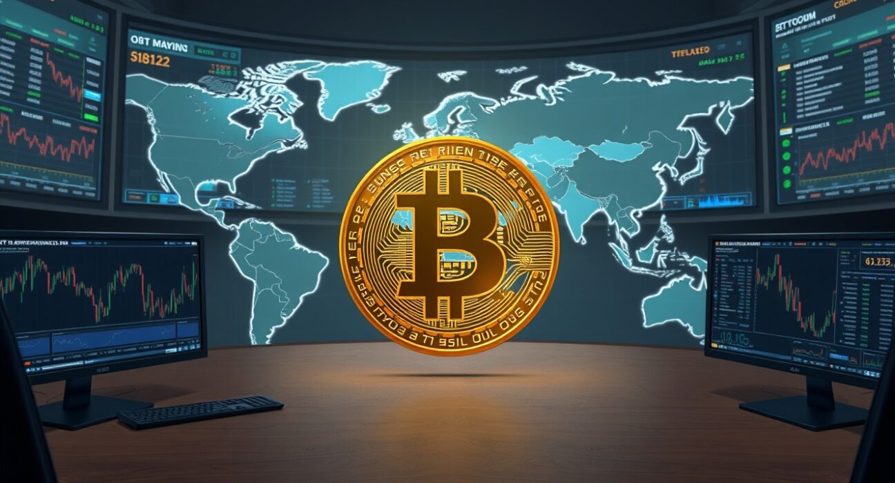 Bitcoin price analysis and geopolitical risk assessment on trading desk monitors