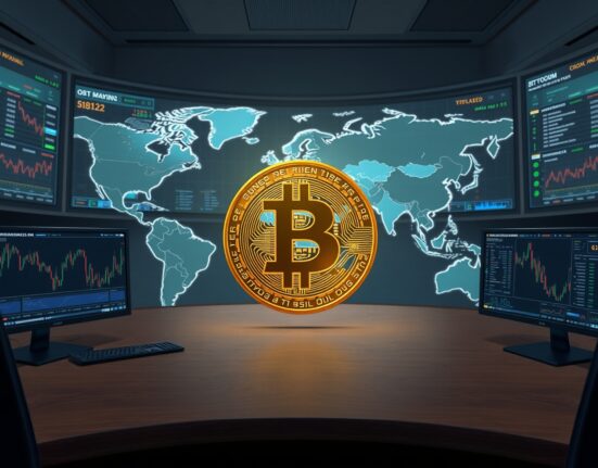 Bitcoin price analysis and geopolitical risk assessment on trading desk monitors