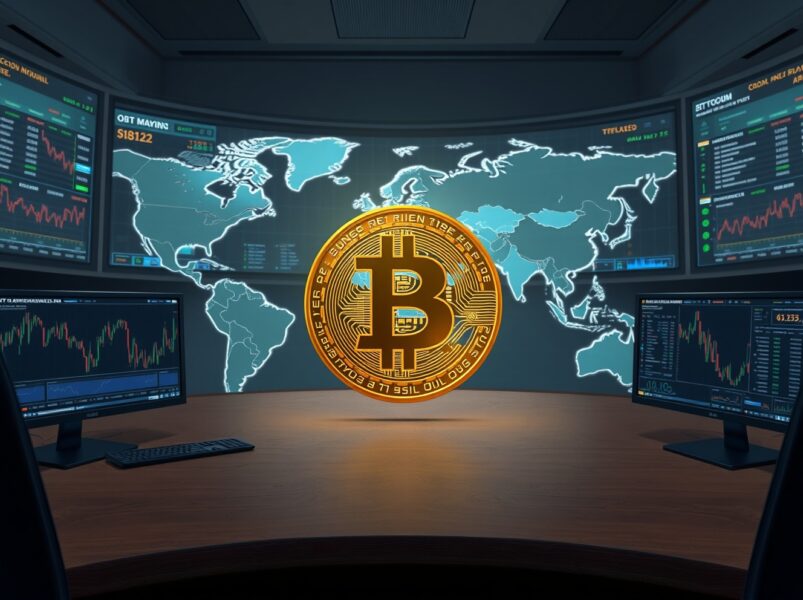 Bitcoin price analysis and geopolitical risk assessment on trading desk monitors
