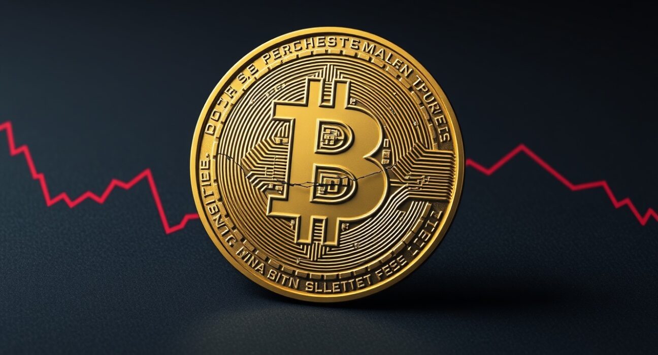 Bitcoin price analysis showing potential market decline with cracked digital coin representing risk