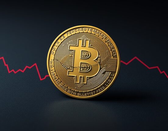 Bitcoin price analysis showing potential market decline with cracked digital coin representing risk