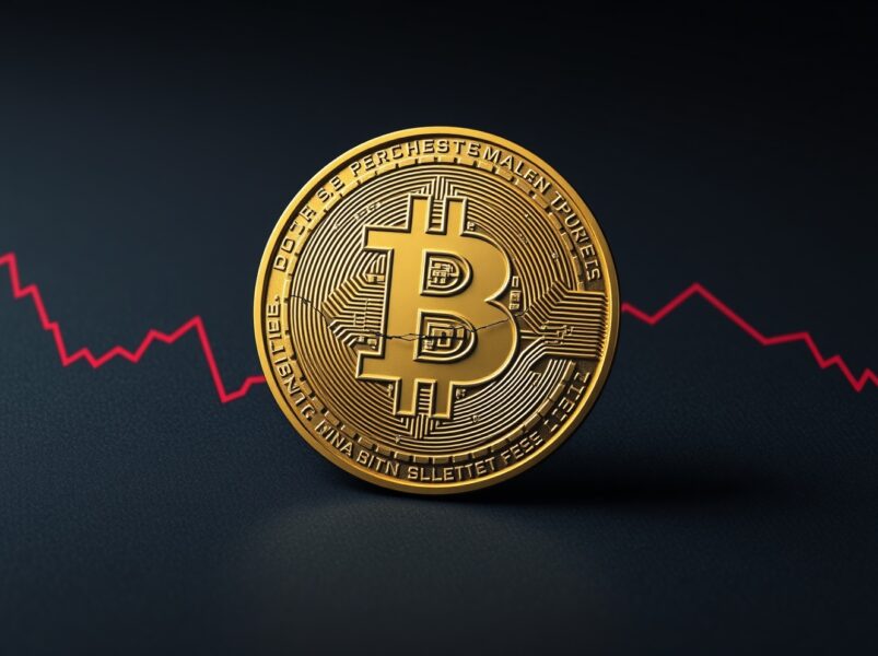 Bitcoin price analysis showing potential market decline with cracked digital coin representing risk