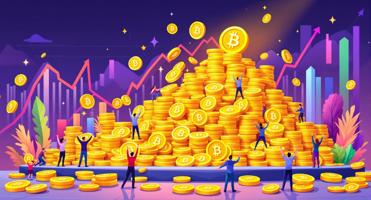 A cartoon illustration showing Bitcoin profit accumulating on a platform, symbolizing investor confidence and the record 60,000 BTC unrealized gain on Binance.