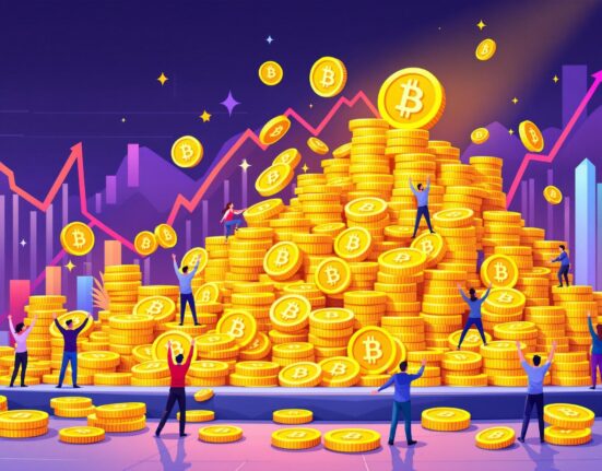 A cartoon illustration showing Bitcoin profit accumulating on a platform, symbolizing investor confidence and the record 60,000 BTC unrealized gain on Binance.
