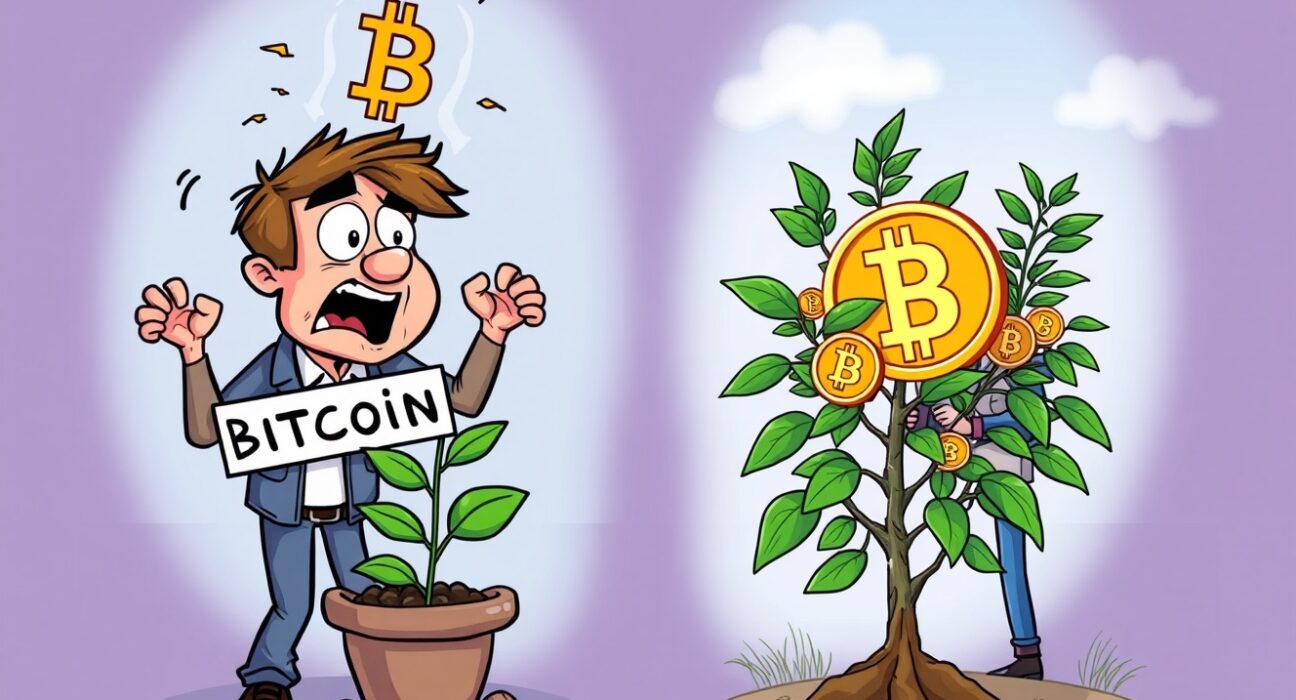 A cartoon showing the contrast between impatient and patient Bitcoin profit expectations, highlighting a sustainable investment strategy.