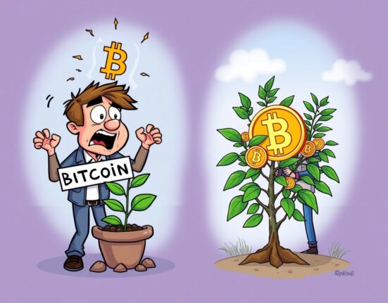 A cartoon showing the contrast between impatient and patient Bitcoin profit expectations, highlighting a sustainable investment strategy.