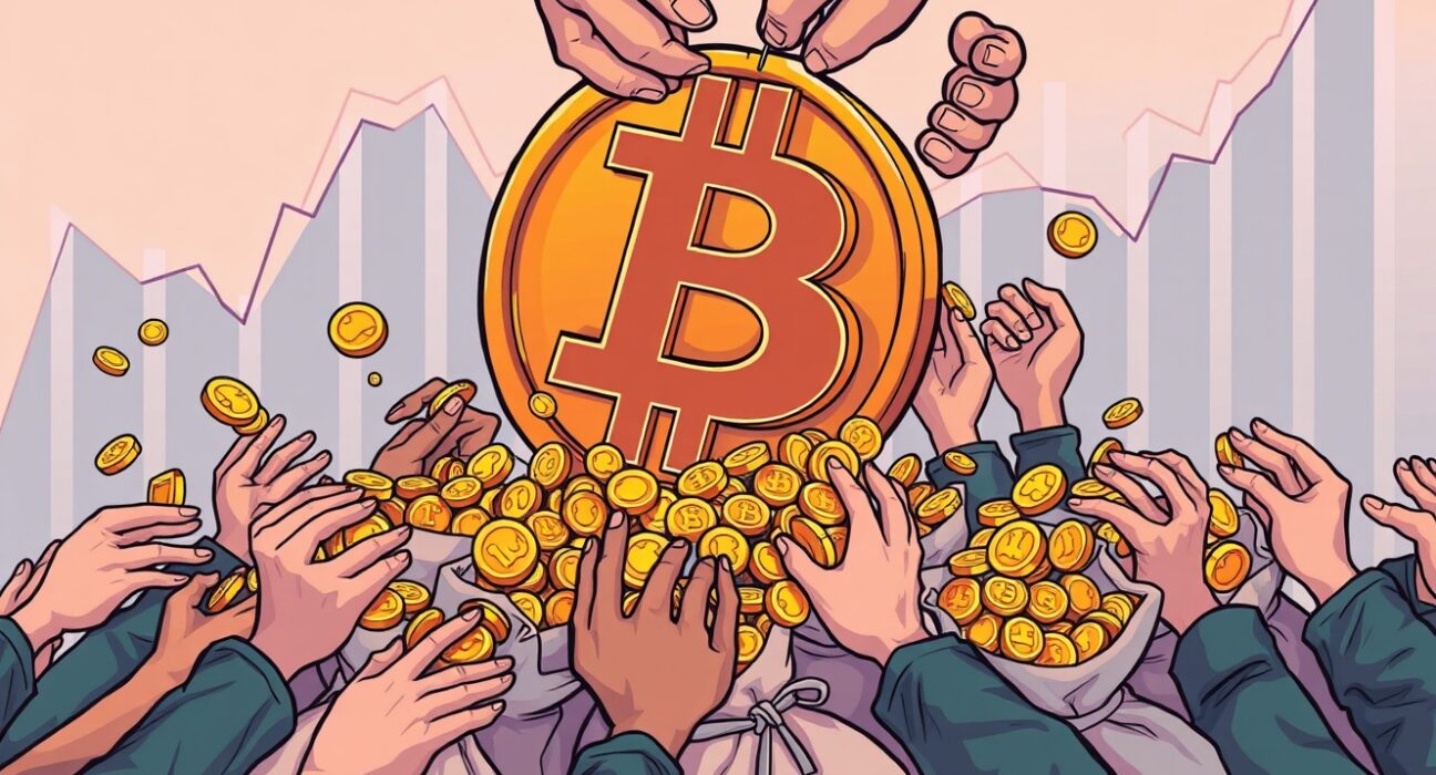 A cartoon illustration showing significant Bitcoin profit-taking activity during a strong bull market, signaling a critical phase.