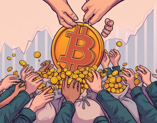 A cartoon illustration showing significant Bitcoin profit-taking activity during a strong bull market, signaling a critical phase.