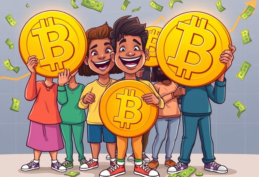 Cartoon illustration showing investors strategically holding Bitcoin, illustrating low Bitcoin profit-taking despite market surges.