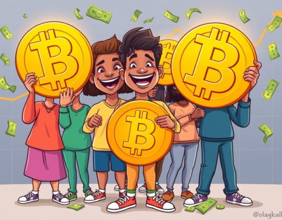 Cartoon illustration showing investors strategically holding Bitcoin, illustrating low Bitcoin profit-taking despite market surges.