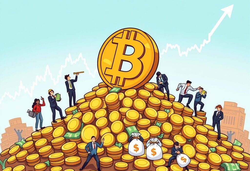 A cartoon illustration depicting Bitcoin's profit-taking, with investors realizing gains from the crypto market.