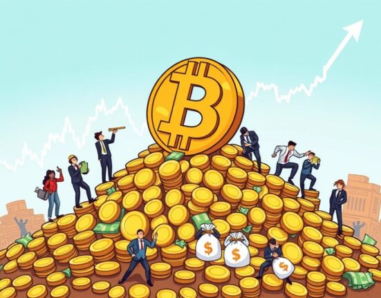 A cartoon illustration depicting Bitcoin's profit-taking, with investors realizing gains from the crypto market.