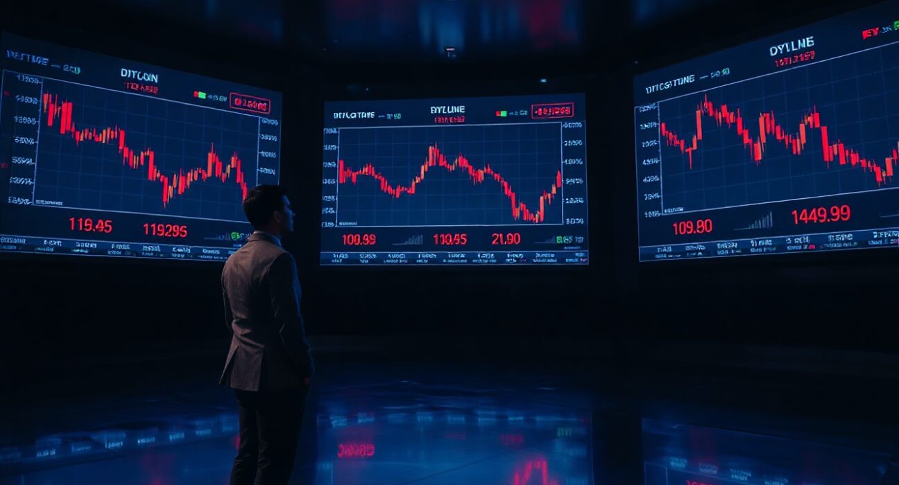 Trading floor with digital screens showing a declining Bitcoin price chart and reduced volume indicators.