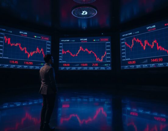 Trading floor with digital screens showing a declining Bitcoin price chart and reduced volume indicators.