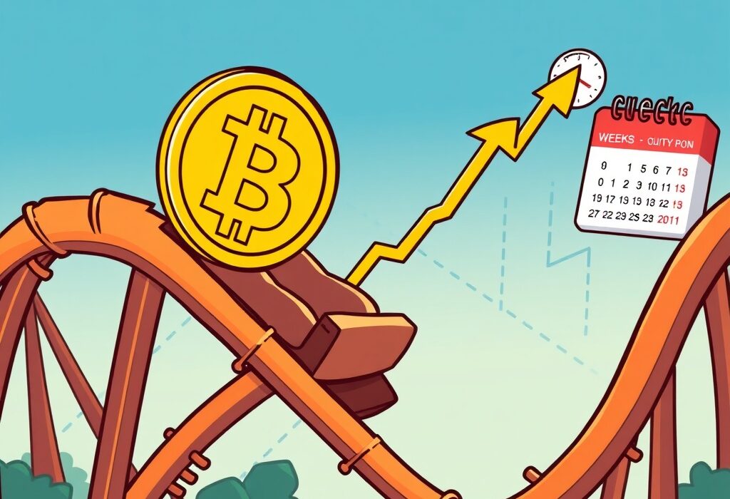 A cartoon illustration depicting the potential Bitcoin pullback, showing a crypto coin on a downward trend before an anticipated rebound.