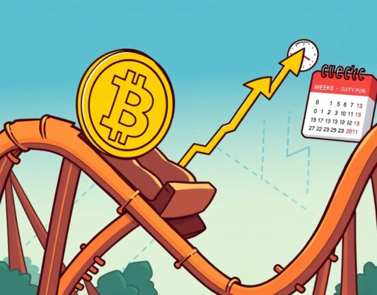 A cartoon illustration depicting the potential Bitcoin pullback, showing a crypto coin on a downward trend before an anticipated rebound.