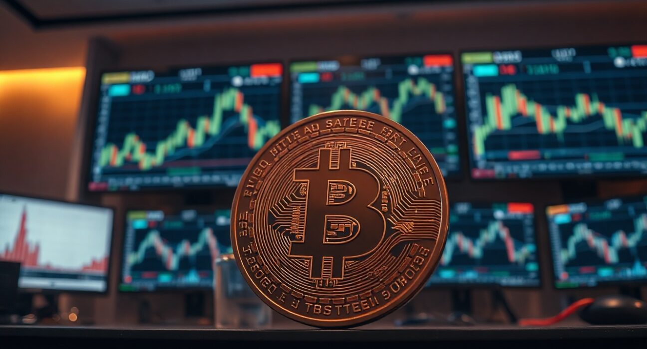 Bitcoin coin in foreground with trading charts on monitors in background
