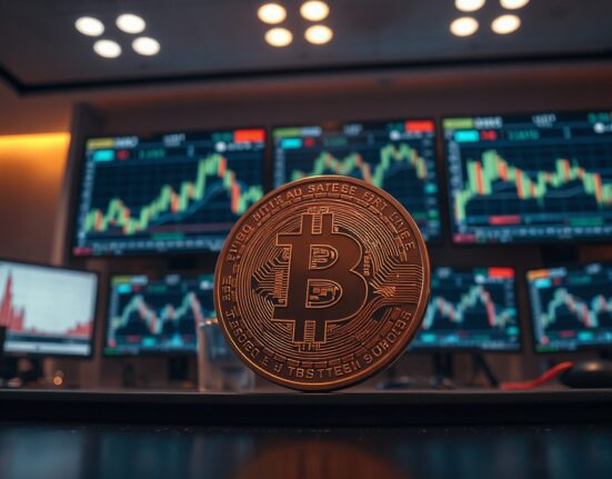 Bitcoin coin in foreground with trading charts on monitors in background
