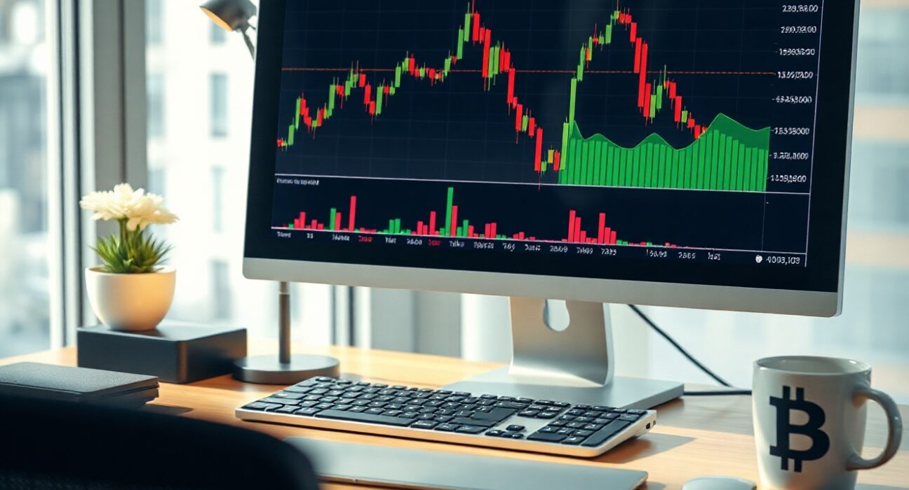 Bitcoin price chart on a computer screen in a professional trading office setting