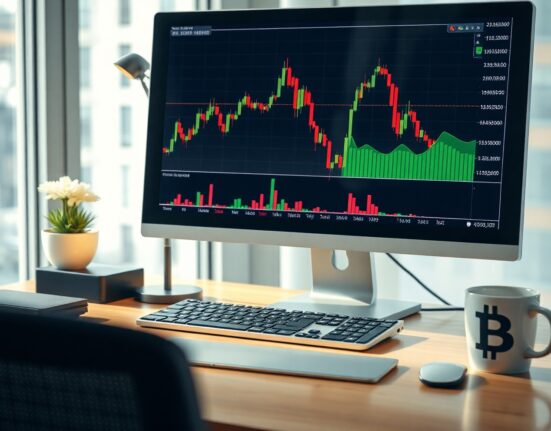 Bitcoin price chart on a computer screen in a professional trading office setting