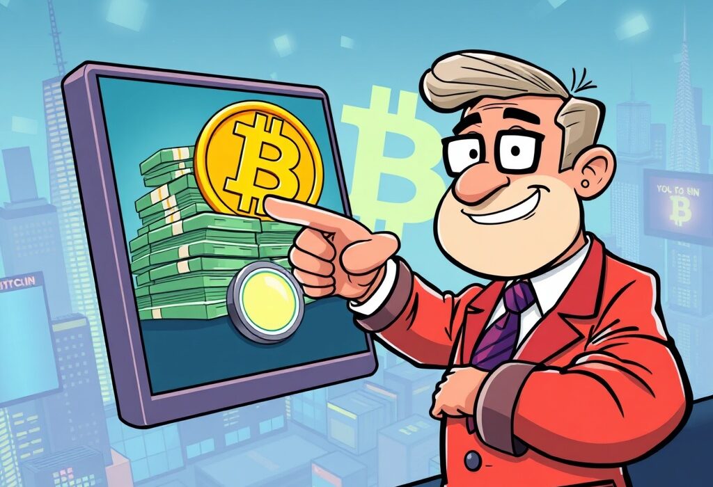 Cartoon CEO initiating a colossal $1B Bitcoin purchase, symbolizing a bold move and potential crypto market shift.