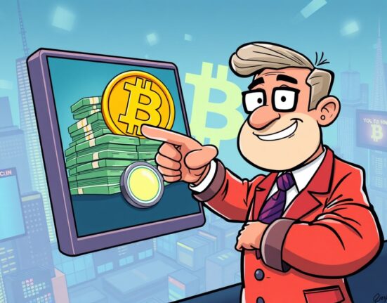 Cartoon CEO initiating a colossal $1B Bitcoin purchase, symbolizing a bold move and potential crypto market shift.