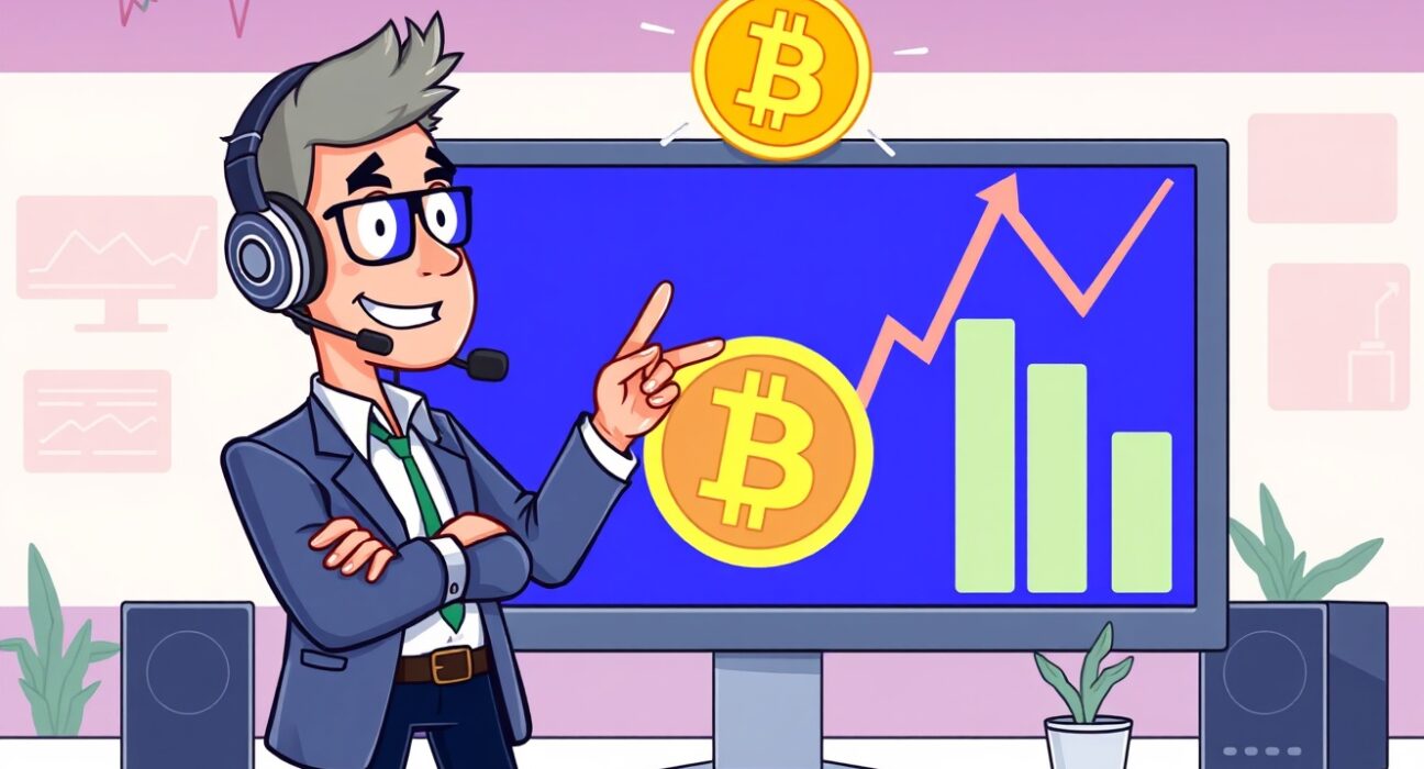 Cartoon illustration showing a gaming company executive completing a significant Bitcoin purchase, highlighting institutional crypto adoption.