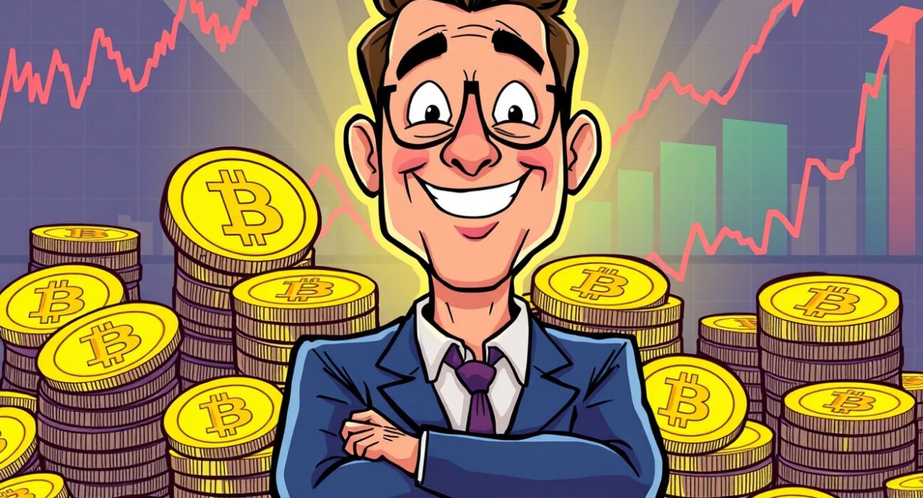 A cartoon executive overseeing a significant Bitcoin purchase, symbolizing strategic investment and growth in digital assets.
