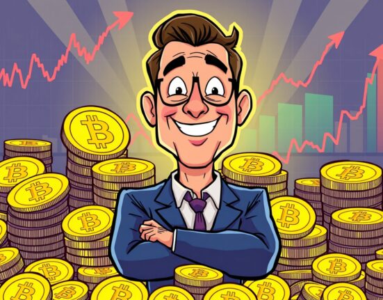 A cartoon executive overseeing a significant Bitcoin purchase, symbolizing strategic investment and growth in digital assets.