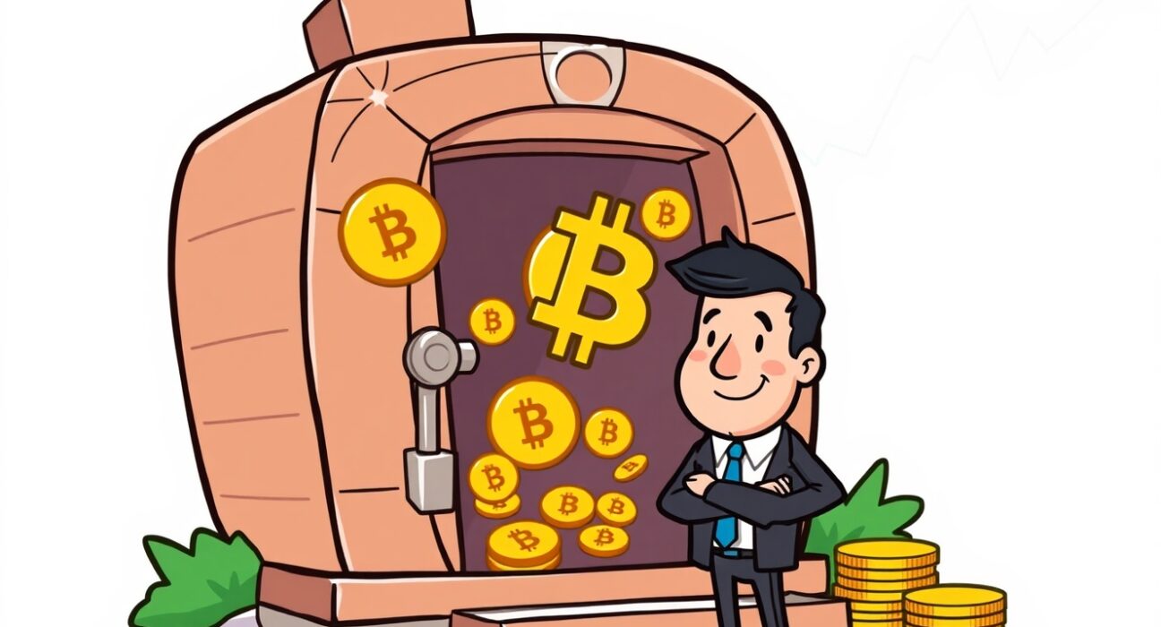 Cartoon illustration of a company successfully completing a significant Bitcoin purchase, highlighting growing institutional confidence in BTC.