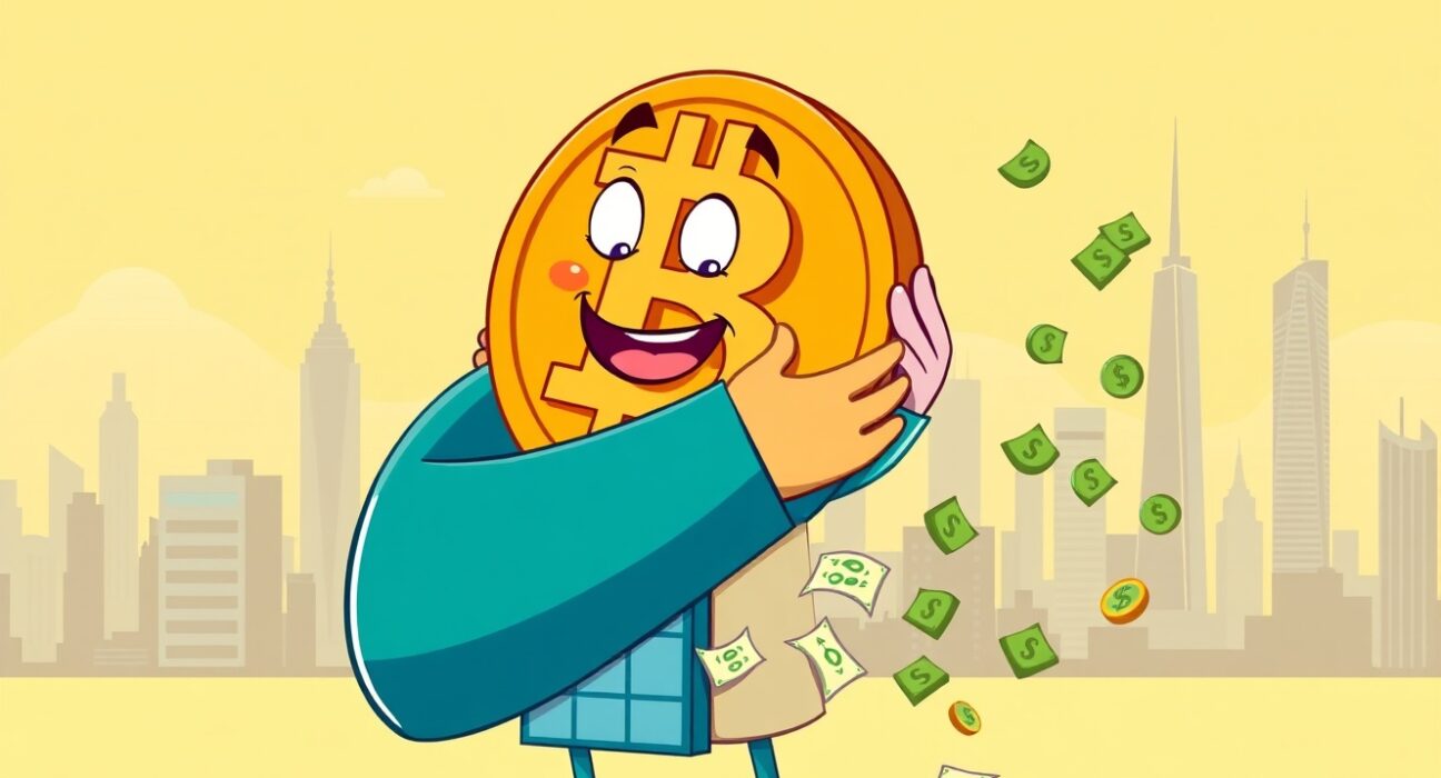 A cartoon illustration showing a company investing in Bitcoin purchases through convertible bonds, symbolizing institutional crypto adoption.