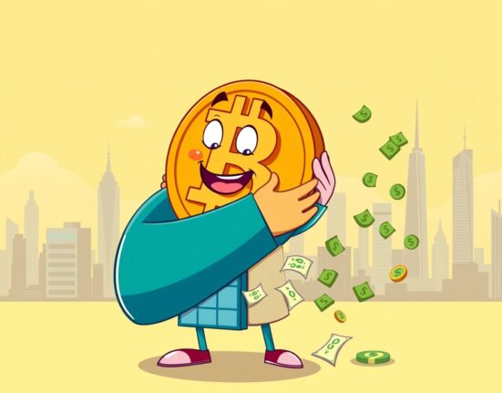 A cartoon illustration showing a company investing in Bitcoin purchases through convertible bonds, symbolizing institutional crypto adoption.