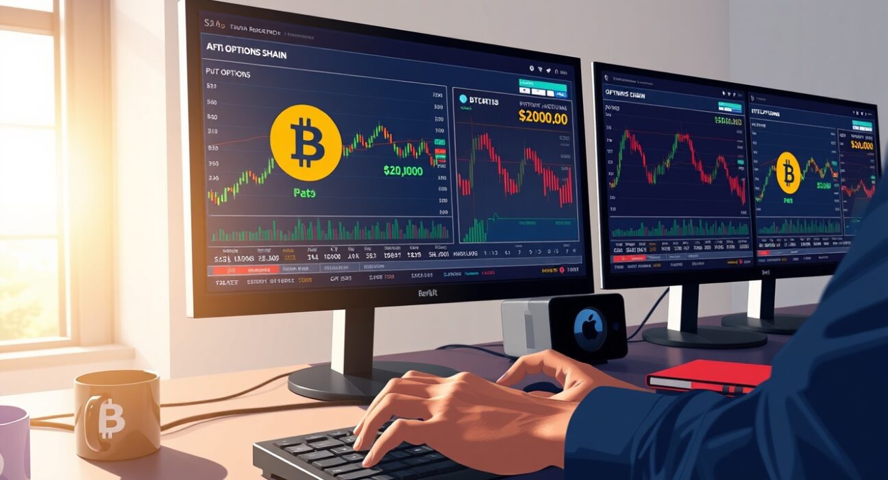 Professional trading desk analyzing Bitcoin put options data on Deribit exchange with $20,000 strike price highlighted