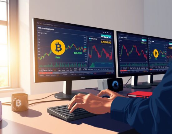 Professional trading desk analyzing Bitcoin put options data on Deribit exchange with $20,000 strike price highlighted