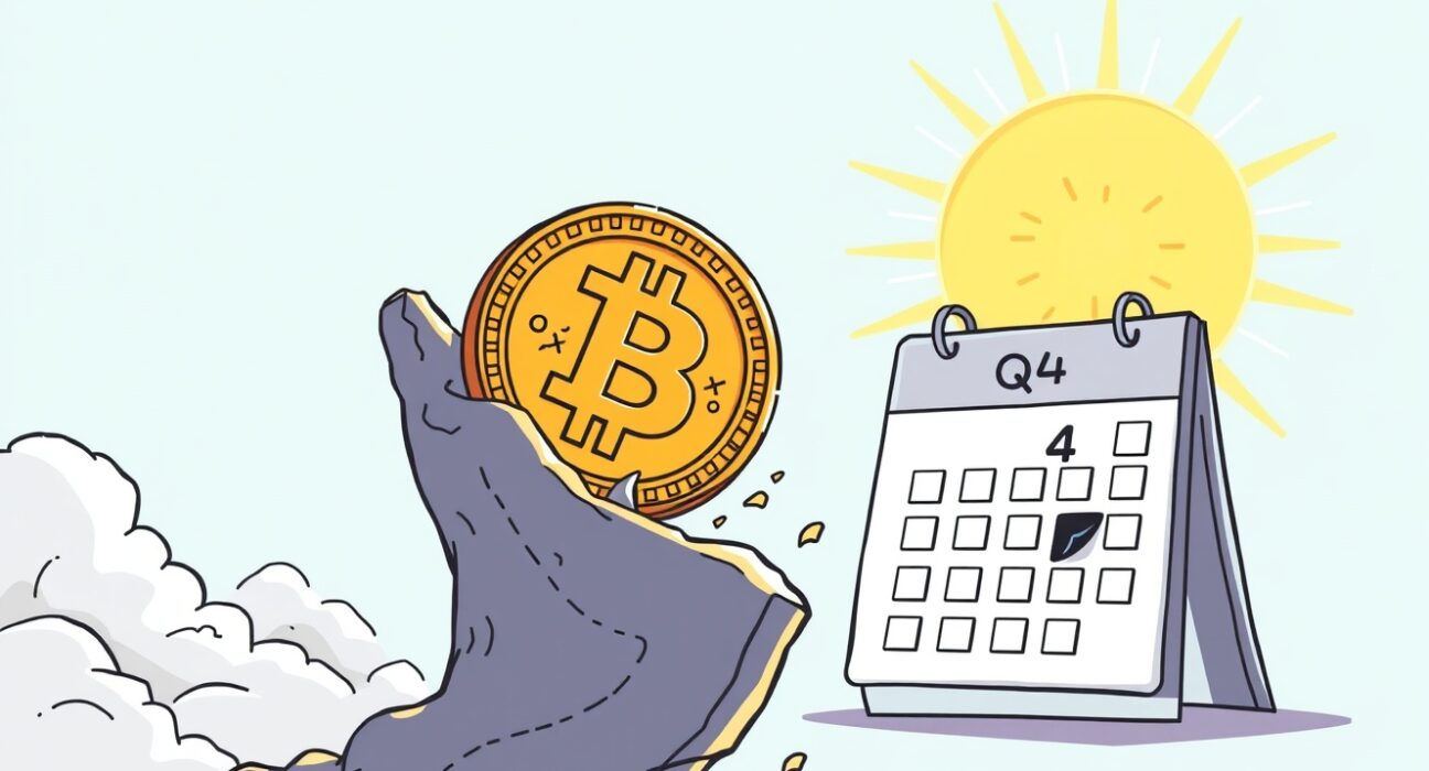 Cartoon illustration of a Bitcoin coin soaring upwards, representing its rebound and renewed momentum for Q4.