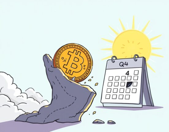 Cartoon illustration of a Bitcoin coin soaring upwards, representing its rebound and renewed momentum for Q4.