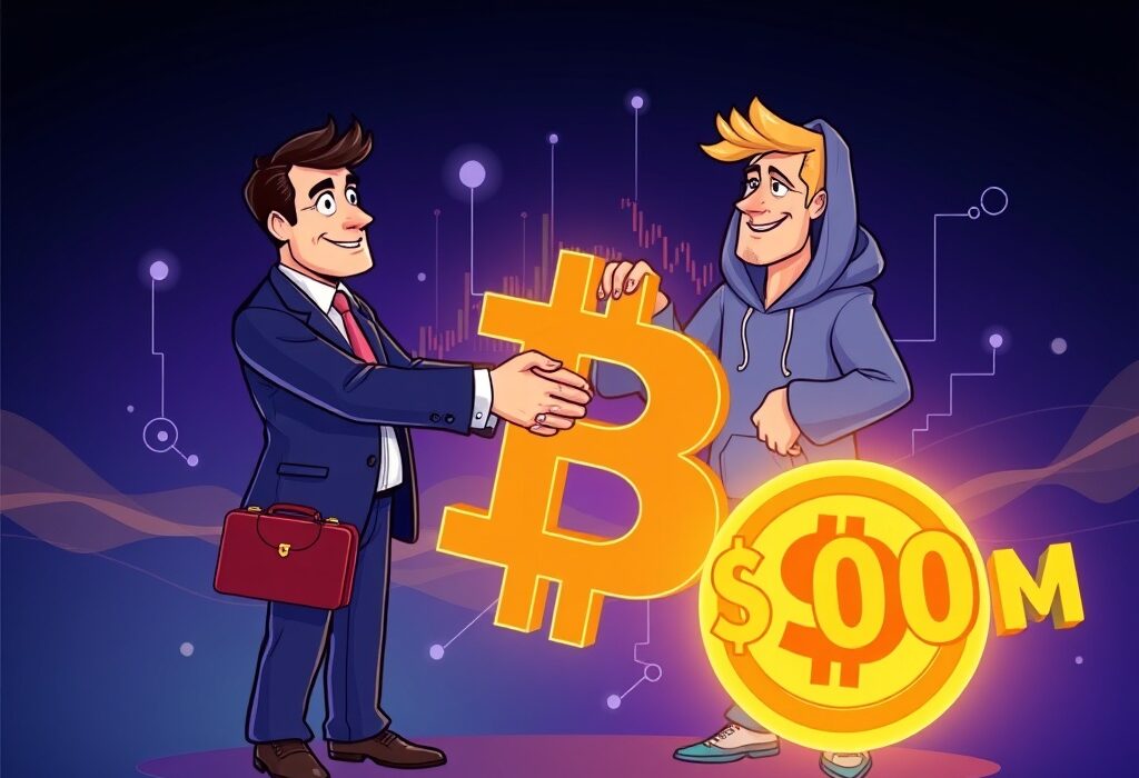 A cartoon illustration showing the launch of a significant Bitcoin quantitative fund, representing a new era of institutional crypto investment.