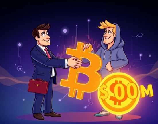 A cartoon illustration showing the launch of a significant Bitcoin quantitative fund, representing a new era of institutional crypto investment.
