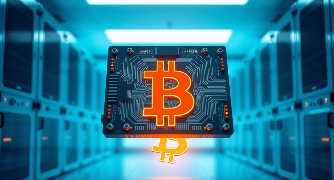 Quantum computer processor chip and Bitcoin symbol representing urgent security preparation needs